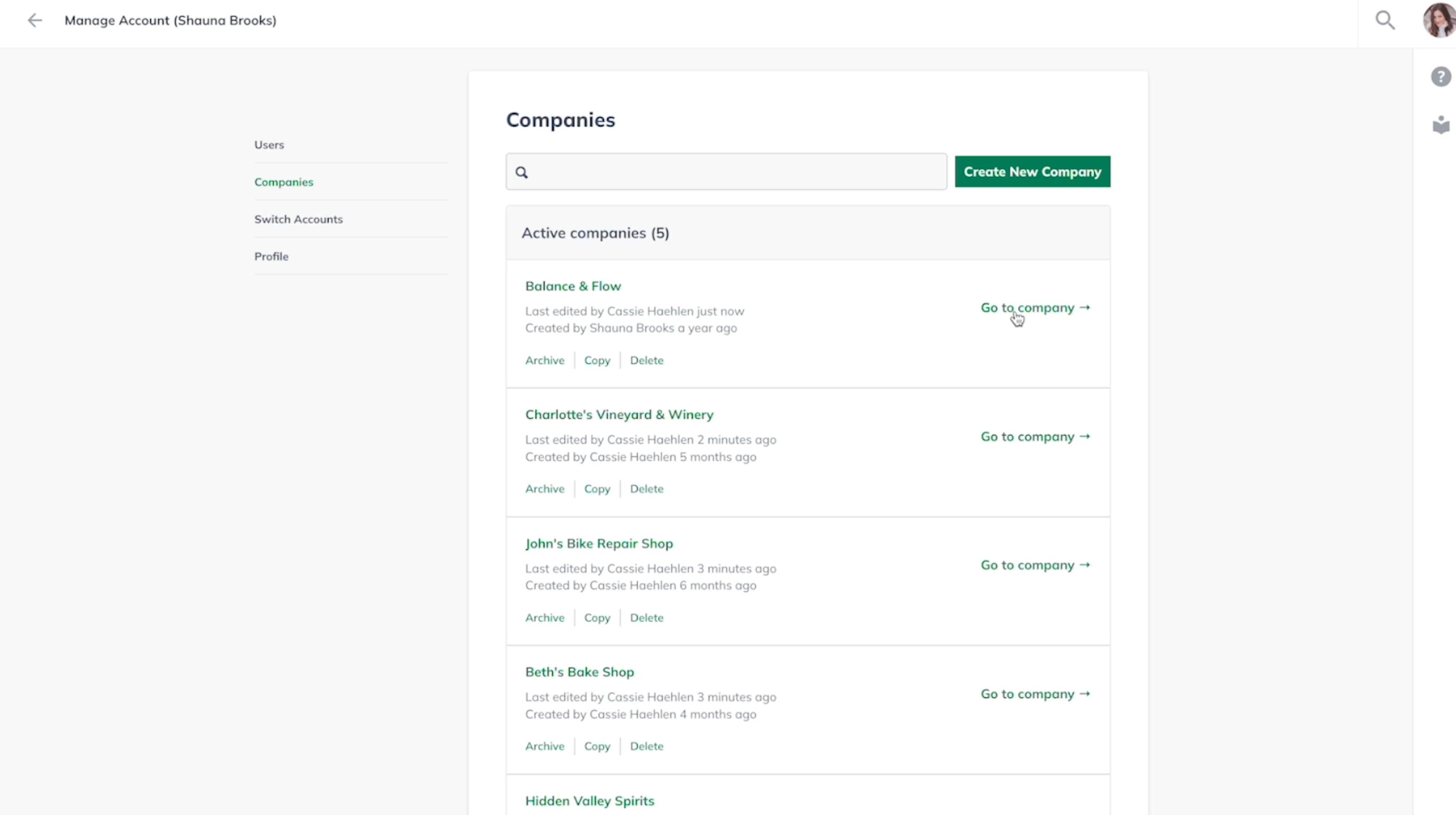 Screenshot of LivePlan companies section showing five active business clients under one advisor account