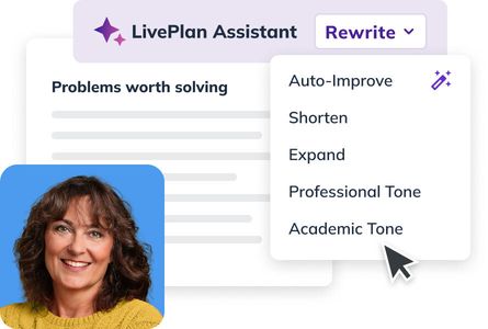 Woman smiling and options to enhance your writing with LivePlan Assistant