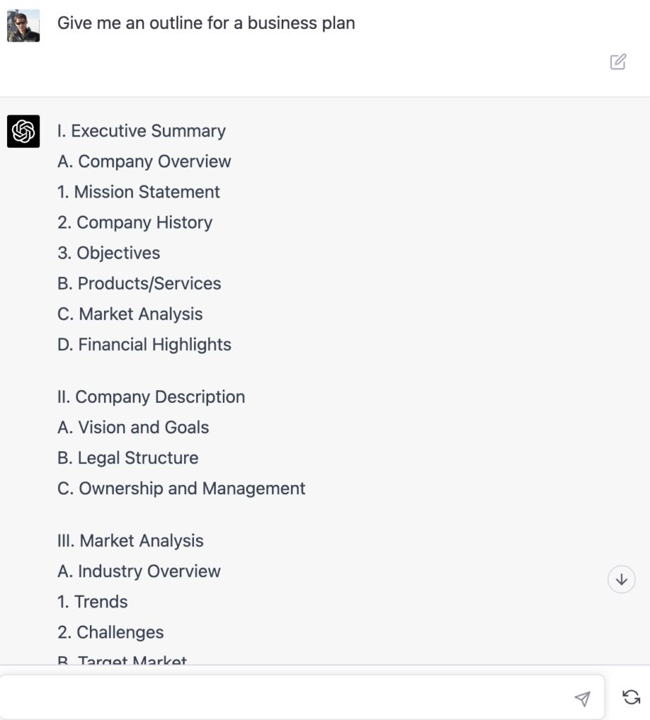 An example of using ChatGPT to generate a rough business plan outline.