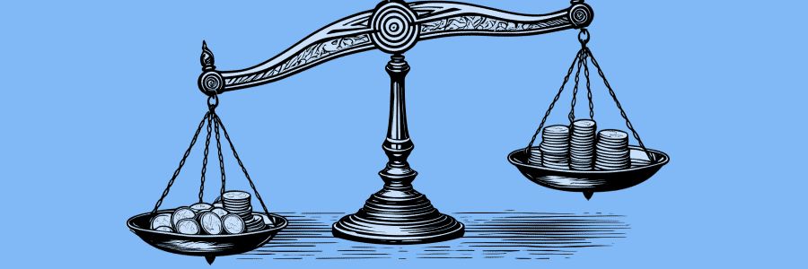 Illustration of a traditional balance scale with coins on both sides, symbolizing the comparison between cash flow and profits in a business context. One side has fewer coins representing cash flow, while the other side has more coins representing profits, highlighting the difference in their weight and impact on business finances.