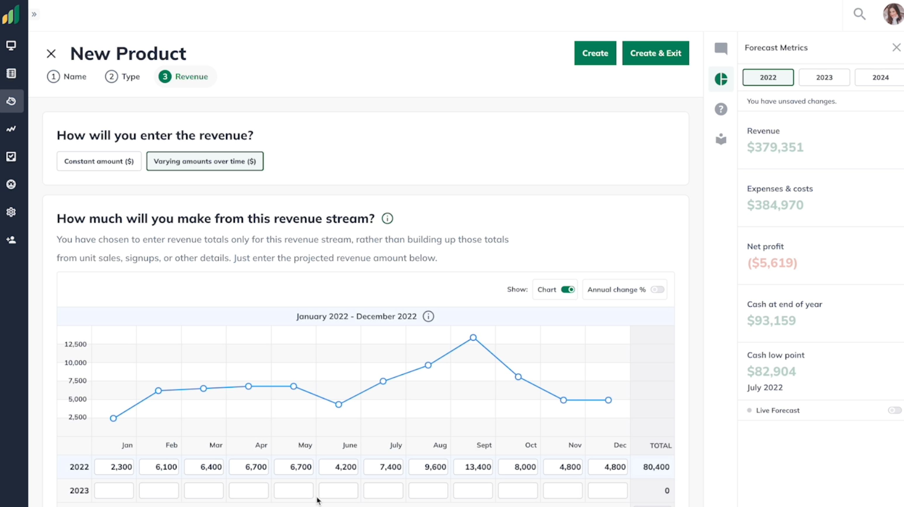 Screenshot of LivePlan forecasting feature with forecast being created in the app