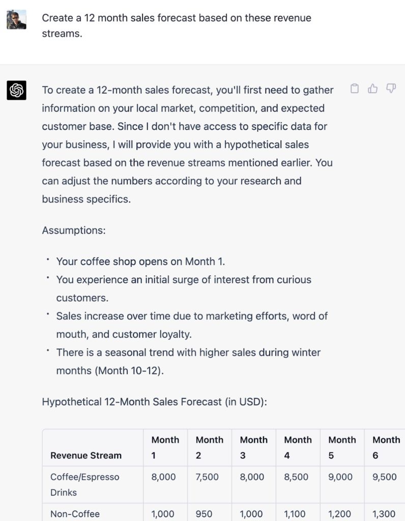 Example of using ChatGPT to generate a sales forecast by feeding it specific revenue streams.