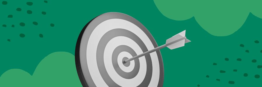 Target with an arrow hitting the bullseye. On top of a green background with clouds. Speaks to segmenting the market to identify your target audience.