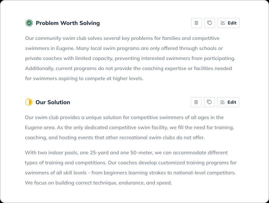 Problem Worth Solving section for Pools &amp; Laps Club. It identifies issues such as limited capacity in local swim programs and lack of coaching expertise for higher-level competition. The club aims to address these problems for families and competitive swimmers.