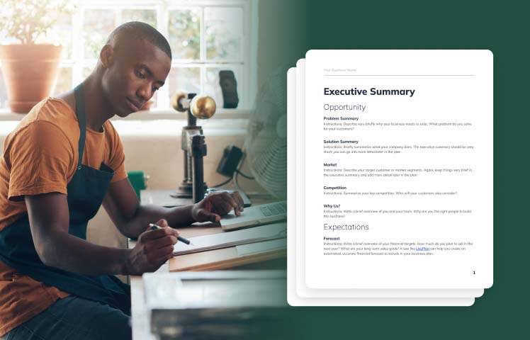 Image of a man working on his business plan with an overlay image of an executive summary