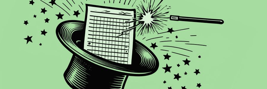 Illustration of a magician's hat with a financial spreadsheet emerging from it, accompanied by a magic wand and sparkles, symbolizing the creation of a financial forecast from scratch without any historical data.