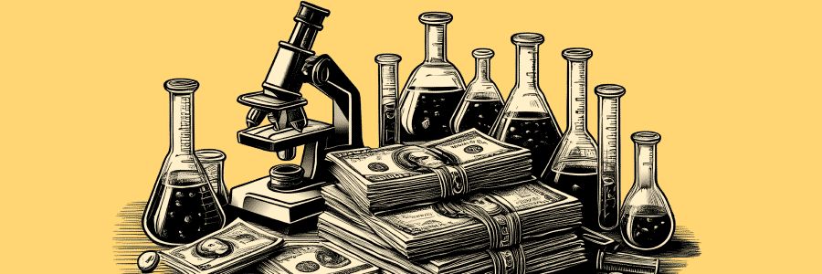 A detailed illustration showing a collection of laboratory equipment like beakers, flasks, and a microscope alongside stacks of dollar bills. This image symbolizes the analysis of cash flow in a business, with tools for examining financial health.