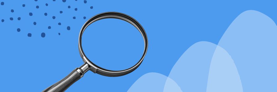 Image of a magnifying glass over a blue and white graphic abstract background to symbolize the thought process behind how to forecast expenses and revenue in LivePlan