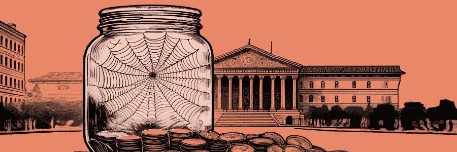 Illustration of an empty glass jar with a spider web inside, symbolizing no money, in front of a government building or bank. The scene suggests the difficulty of securing startup business loans without any savings or revenue.