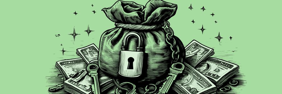 A detailed illustration of a locked money bag surrounded by dollar bills and keys, symbolizing securing a bank loan through a well-crafted business plan.