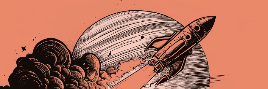 Illustration of a rocket launching into space with a large planet in the background. The rocket is shown emitting smoke as it ascends, symbolizing forward momentum and growth of a business. The color scheme is primarily orange and black, creating a bold and dynamic visual.