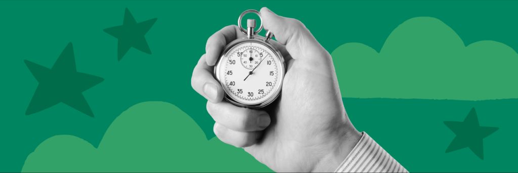 A hero image for the blog post 'How to Write a Business Plan in 30 Minutes' showing a hand holding a stopwatch. Background features green shapes and stars.