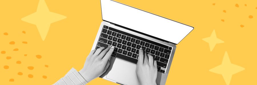 Hands typing away on a laptop over a yellow background. Relates to using AI to help write your business plan.