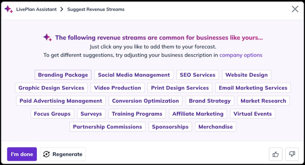 Example of using LivePlan's AI Assistant to generate revenue stream options for a small marketing agency. Examples listed include branding packages, social media management, SEO services, website design, graphic design services, video production, and several others.