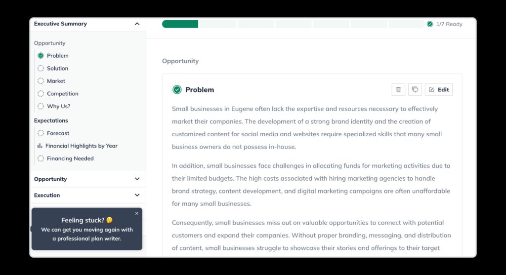 View of the full business plan editor within LivePlan. This specific example displays the Executive Summary and provides quick links to the other plan sections within a stacked left-hand navigation. Additional functionality is shown to help you keep track of your progress, including a progress bar and checked off sections.