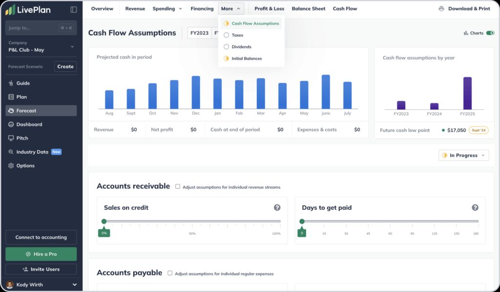 A dashboard with bar charts and sliders for adjusting cash flow assumptions, including sales on credit and days to get paid, with sections for accounts receivable and accounts payable.