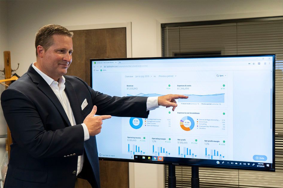 Mid-South CFO Managing Director Jason Meredith showing the LivePlan dashboard on a computer screen