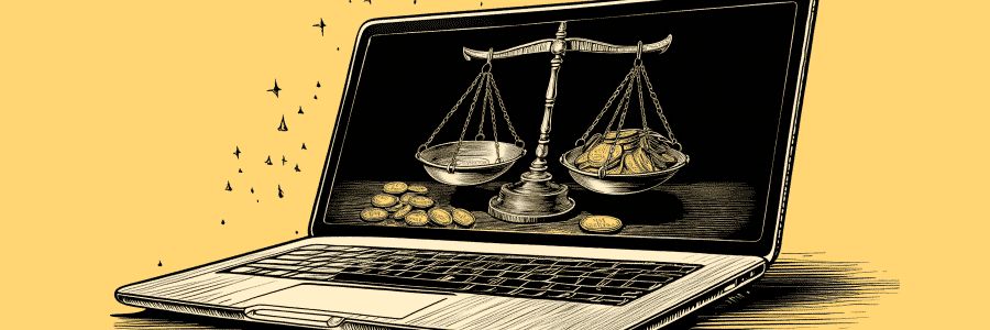 The image shows a stylized illustration of a laptop with a scale of justice displayed on the screen. On one side of the scale are gold coins, and on the other side is a blank platform, symbolizing a comparison between monetary value and something non-monetary. This imagery reflects the concept of weighing the benefits of paid versus free business planning software. The background is a warm yellow color, adding an inviting and professional tone to the graphic.