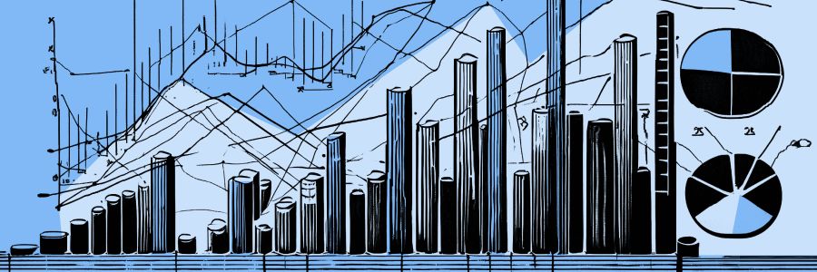 A stylized illustration of various financial graphs, including bar charts, line graphs, and pie charts, representing the analysis of financial data for forecasting purposes.