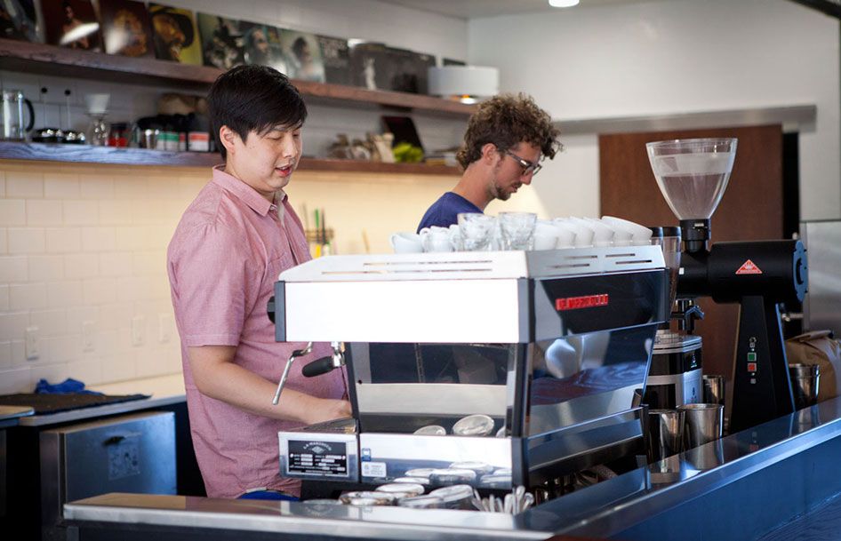 In image of Brian Sung making coffee at his business, Tailored Coffee Roasters