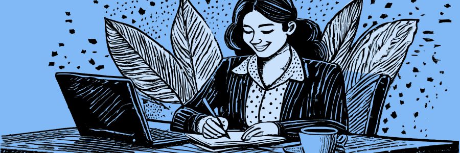 An illustration of a woman sitting at a desk, writing in a notebook with a laptop open in front of her. She is smiling and surrounded by large leaves, creating a nature-inspired background. She's working on her business plan and jotting down notes as she creates the official document on her computer. The overall color theme is blue and black.