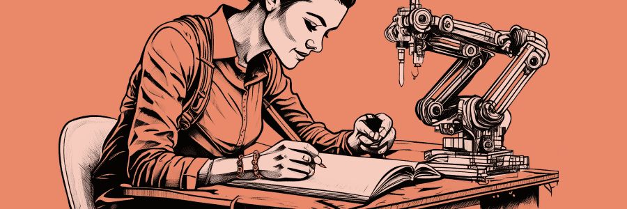 An illustration of a woman sitting at a desk writing in a notebook. Beside her is a mechanical robotic arm, suggesting the integration of artificial intelligence in her business planning.