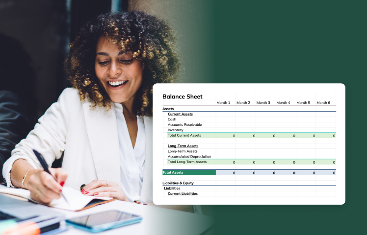 Woman working at table with clipboard and example balance sheet template