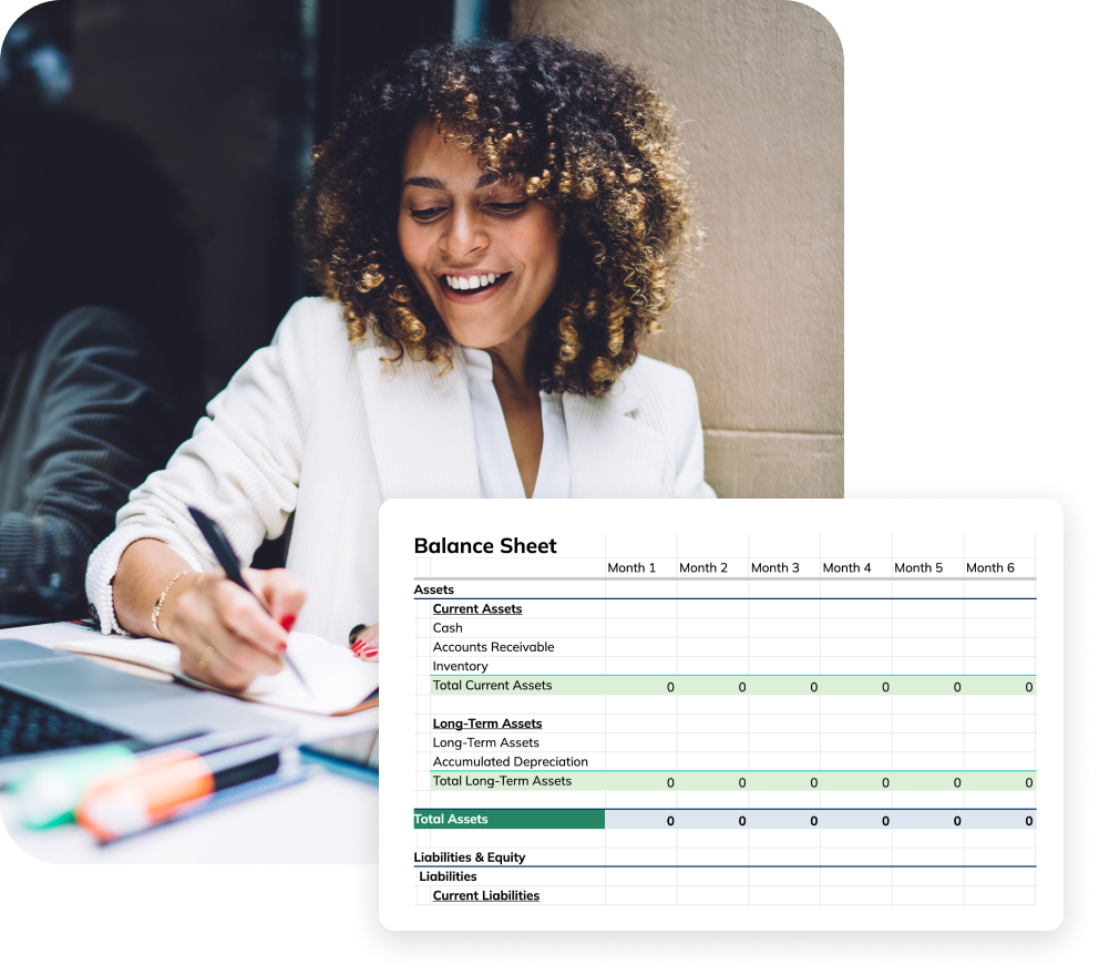 Woman working at table with clipboard and example balance sheet template