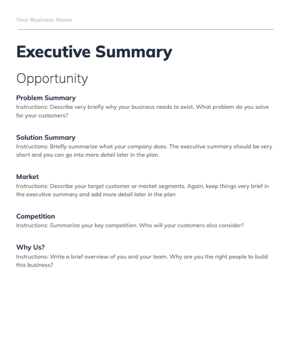 Example Business Plan page