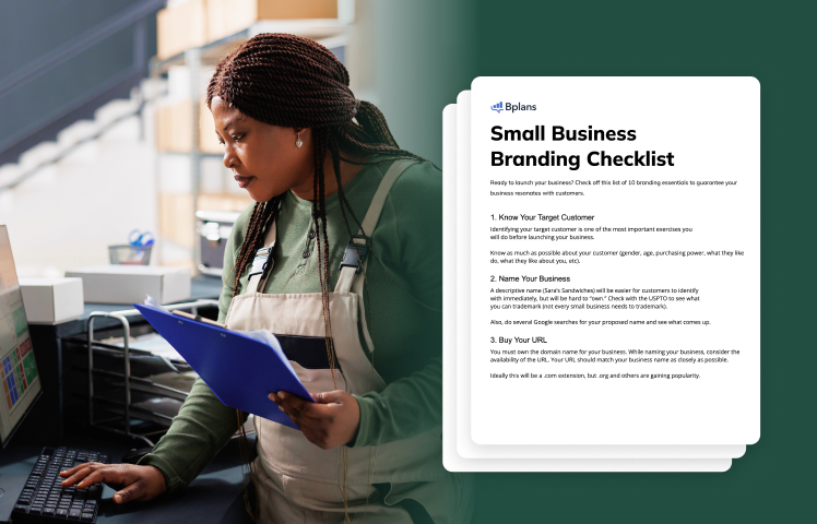 Woman working at computer with clipboard and example Branding Checklist