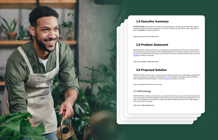 Man working at florist with business proposal example