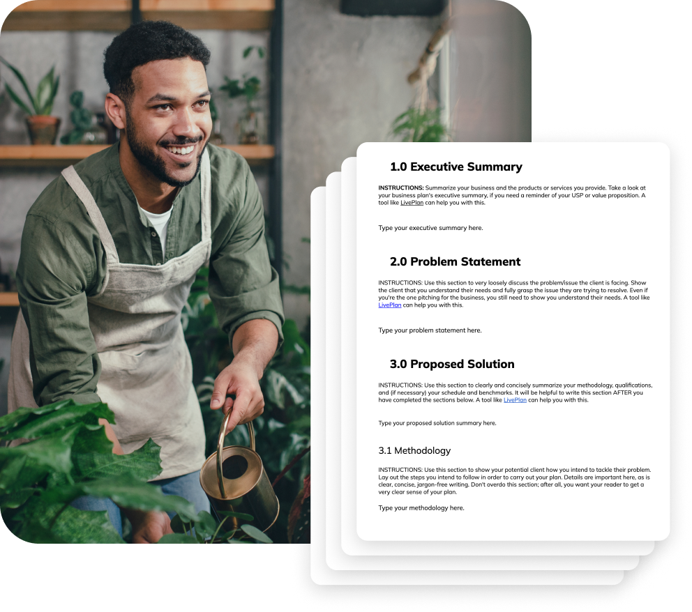 Man working at florist with business proposal example