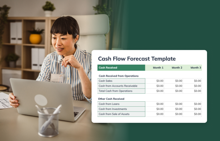 Woman working at computer with example cash flow forecast template