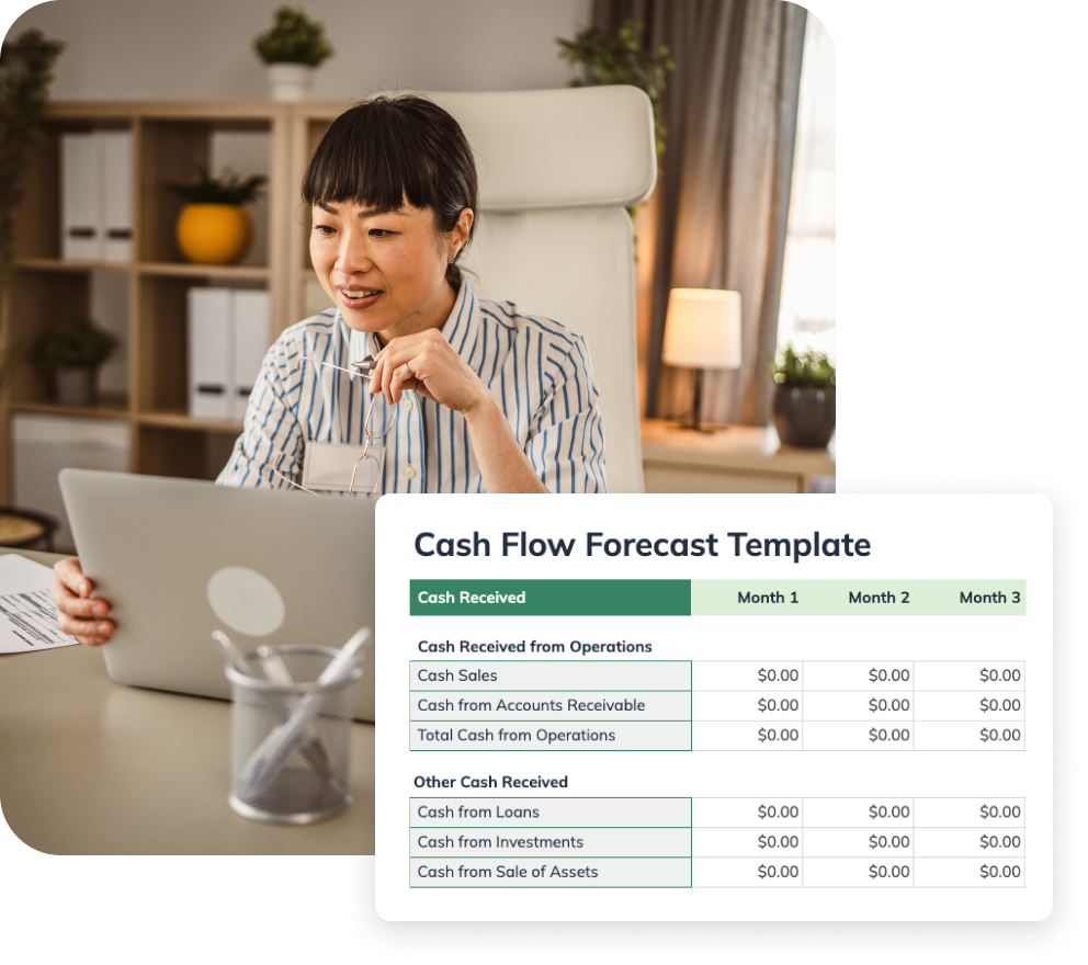 Woman working at computer with example cash flow forecast template