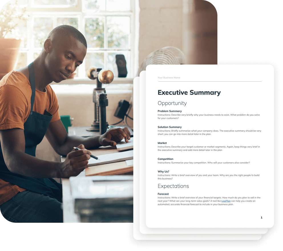 Image of a business owner writing his business plan with an image overlay of an executive summary