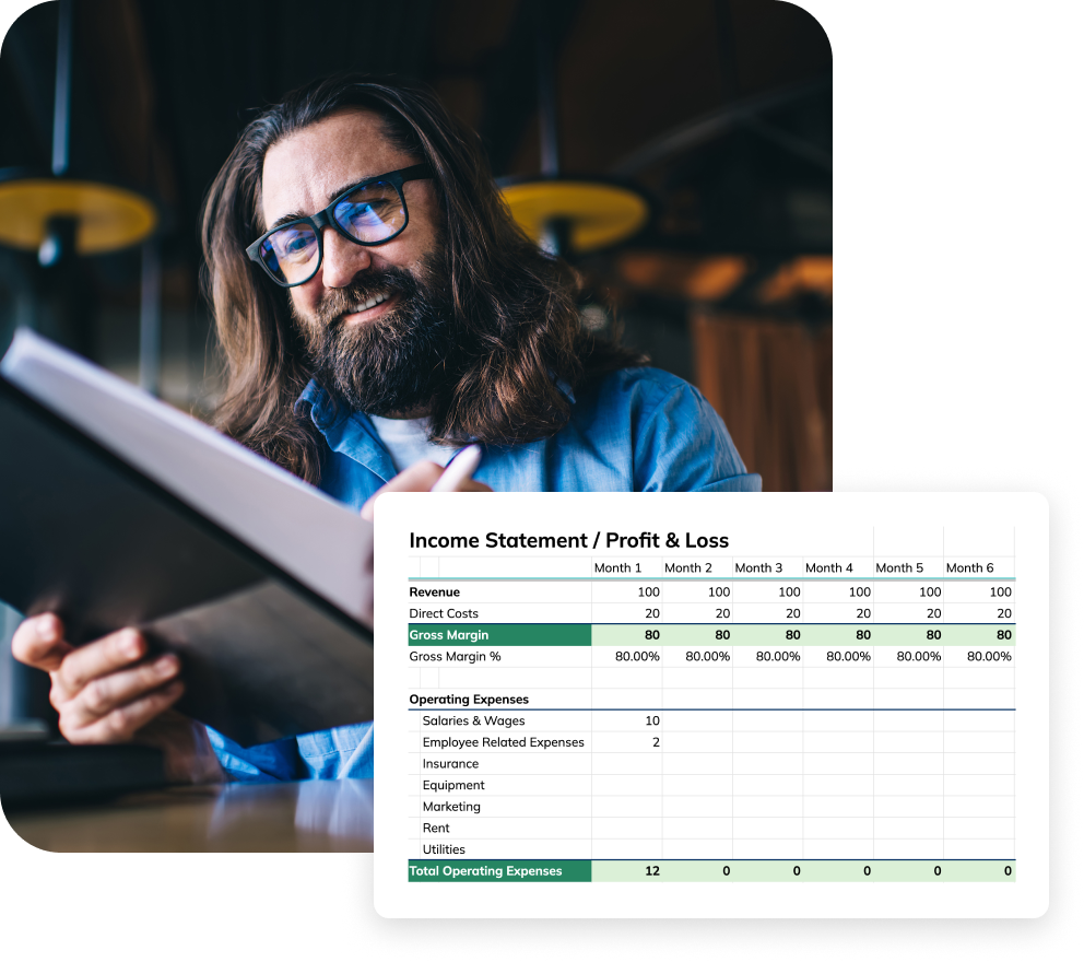 Man working on clipboard with example income statement