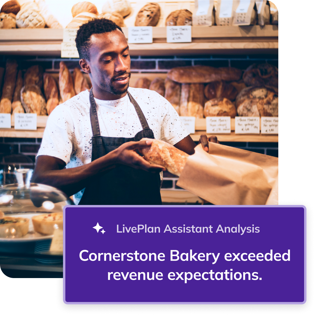 Bakery worker with a graphic that says "Cornerstone Bakery exceeded revenue expectations"