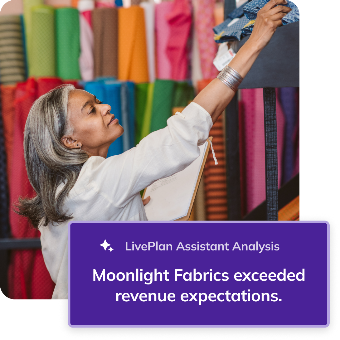 Business owner purchasing raw materials with a graphic overlay that says "Moonlight Fabrics exceeded revenue expectations"