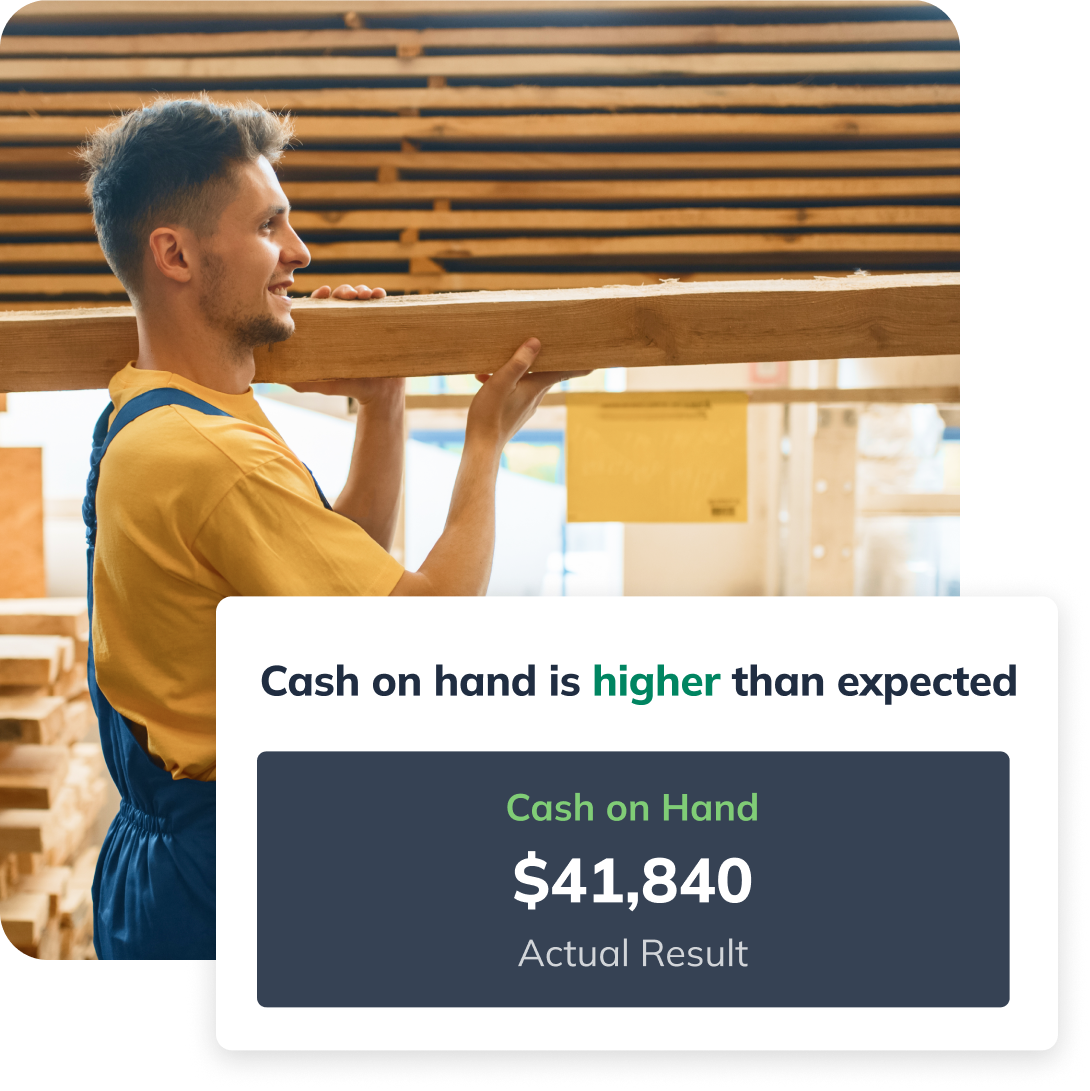 Lumber supplier holding some wood, with a graphic stating "Cash on hand is higher than expected"