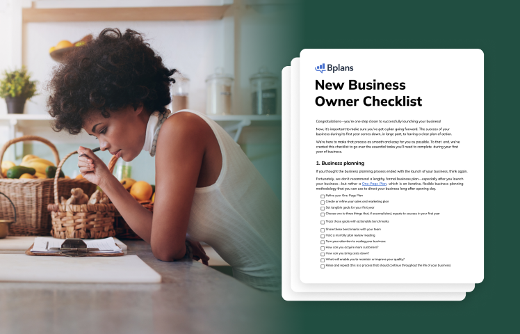 Woman working in kitchen with clipboard and example Business Owner Checklist