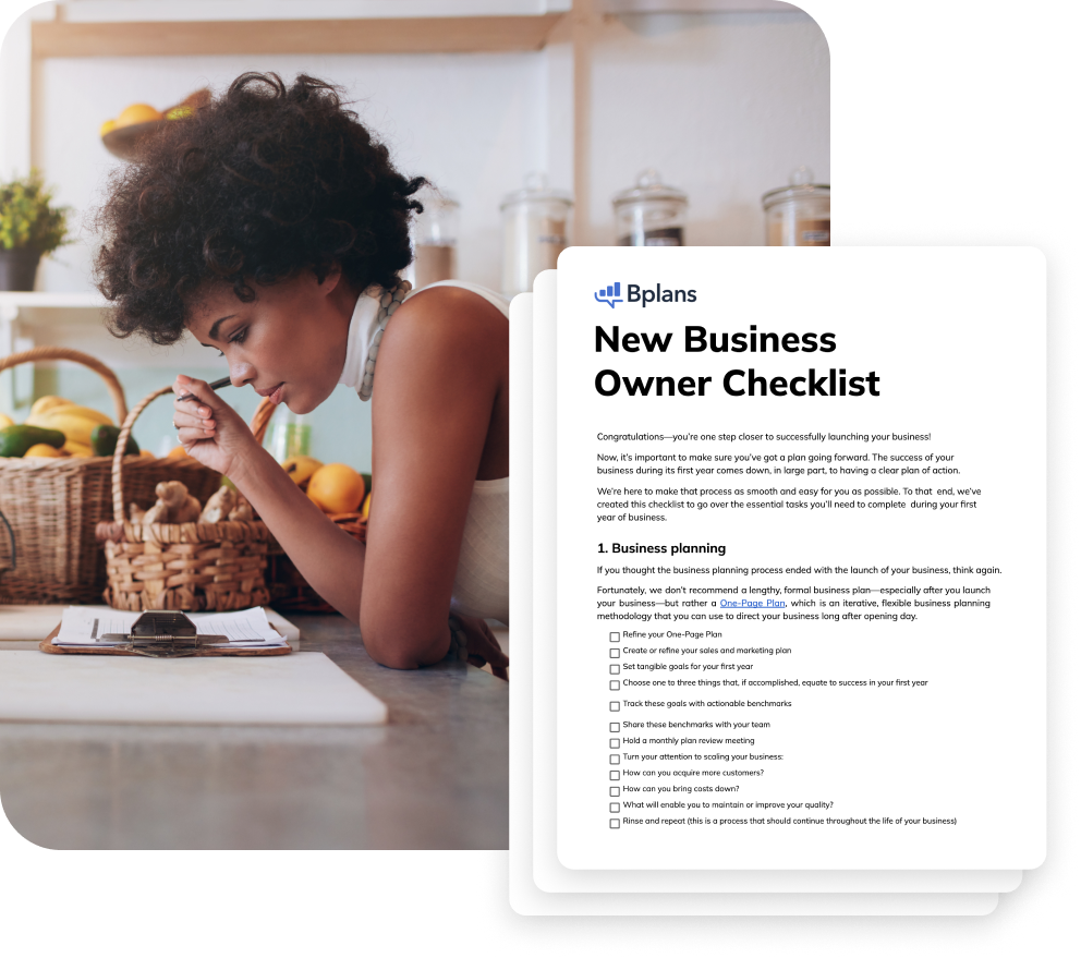 Woman working in kitchen with clipboard and example Business Owner Checklist