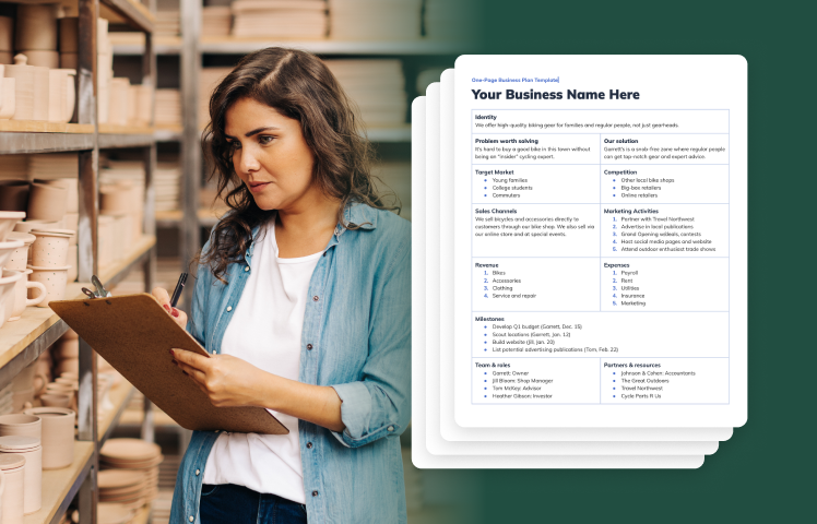 Woman working in workshop with clipboard and example one-page plan template