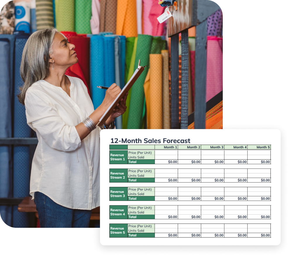 Woman working in fabric store with example sales forecast document