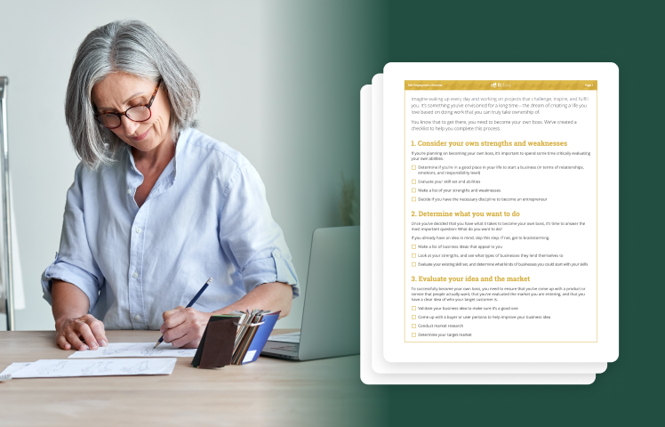 Woman working at desk with paper, computer, and example self-employment checklist