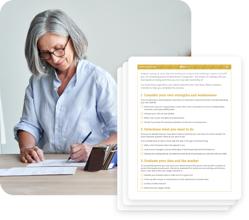 Woman working at desk with paper, computer, and example self-employment checklist