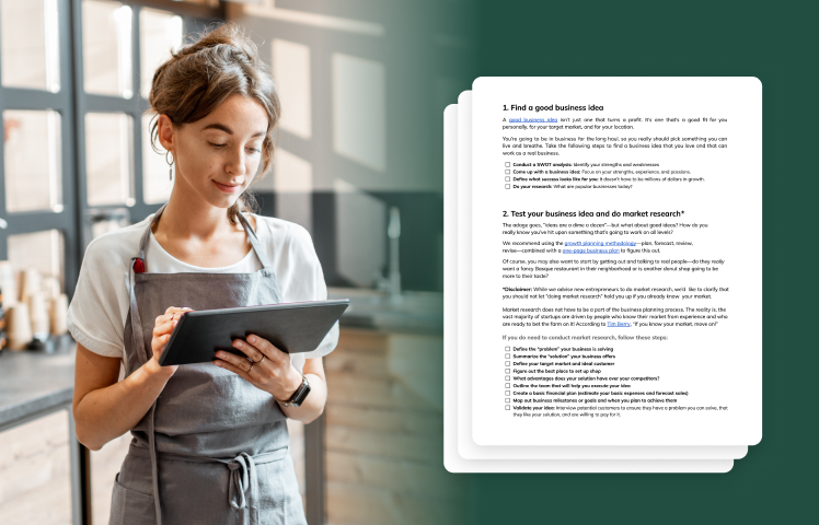 Woman working on tablet with example startup checklist