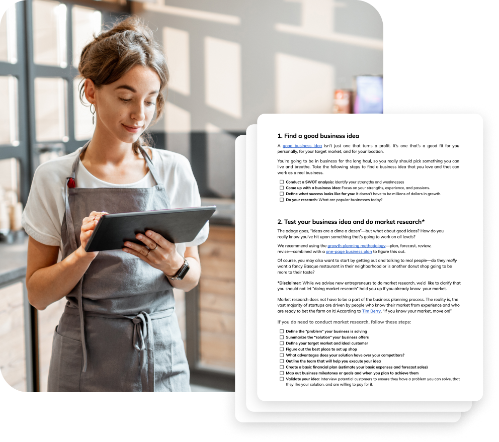 Woman working on tablet with example startup checklist