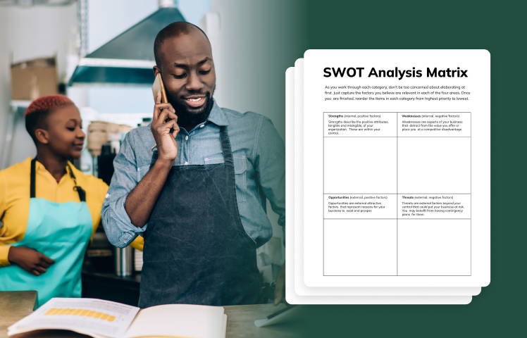 man and woman working with aprons and an example SWOT analysis template