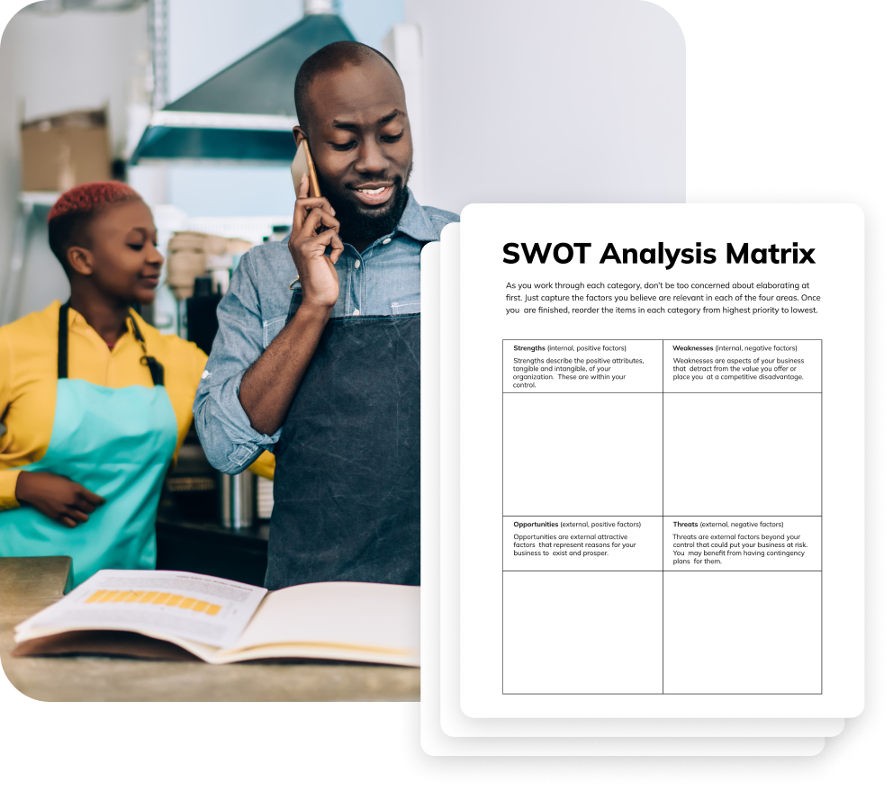 man and woman working with aprons and an example SWOT analysis template